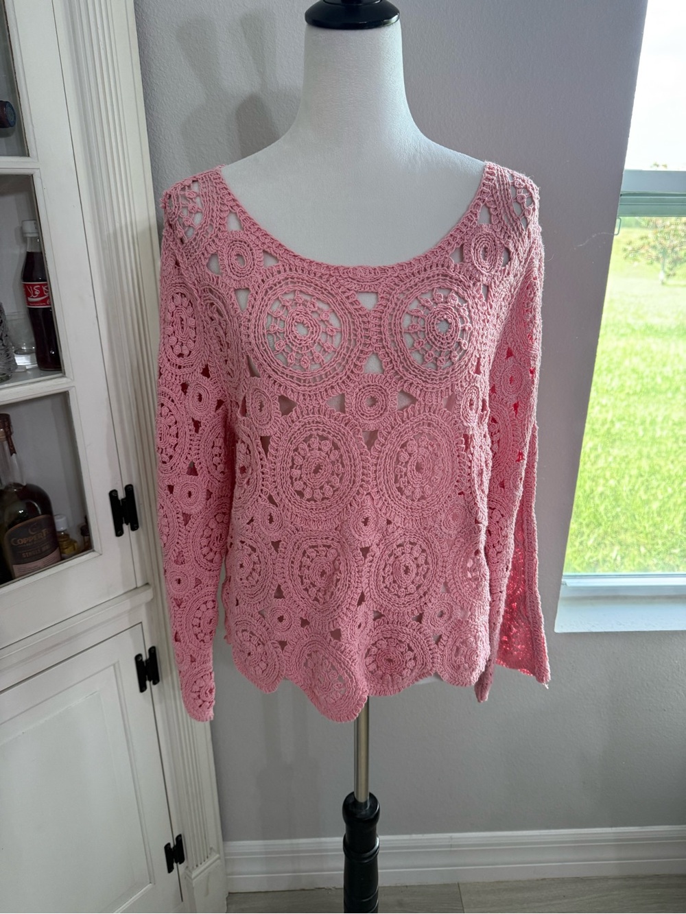 Ultra Pink Pink Crochet Circle-Pattern Long Sleeve Top